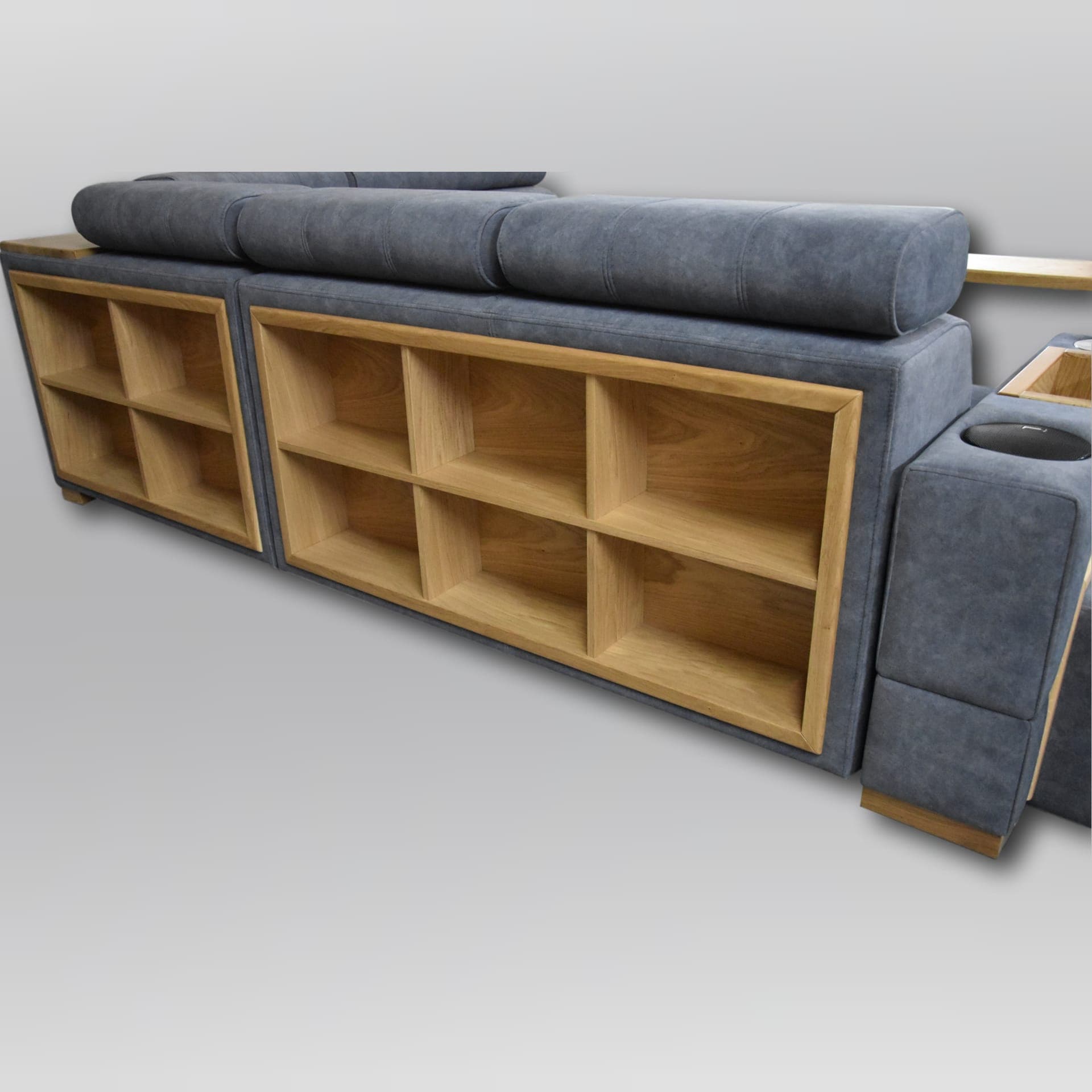 Corner sofa with shelves at the back