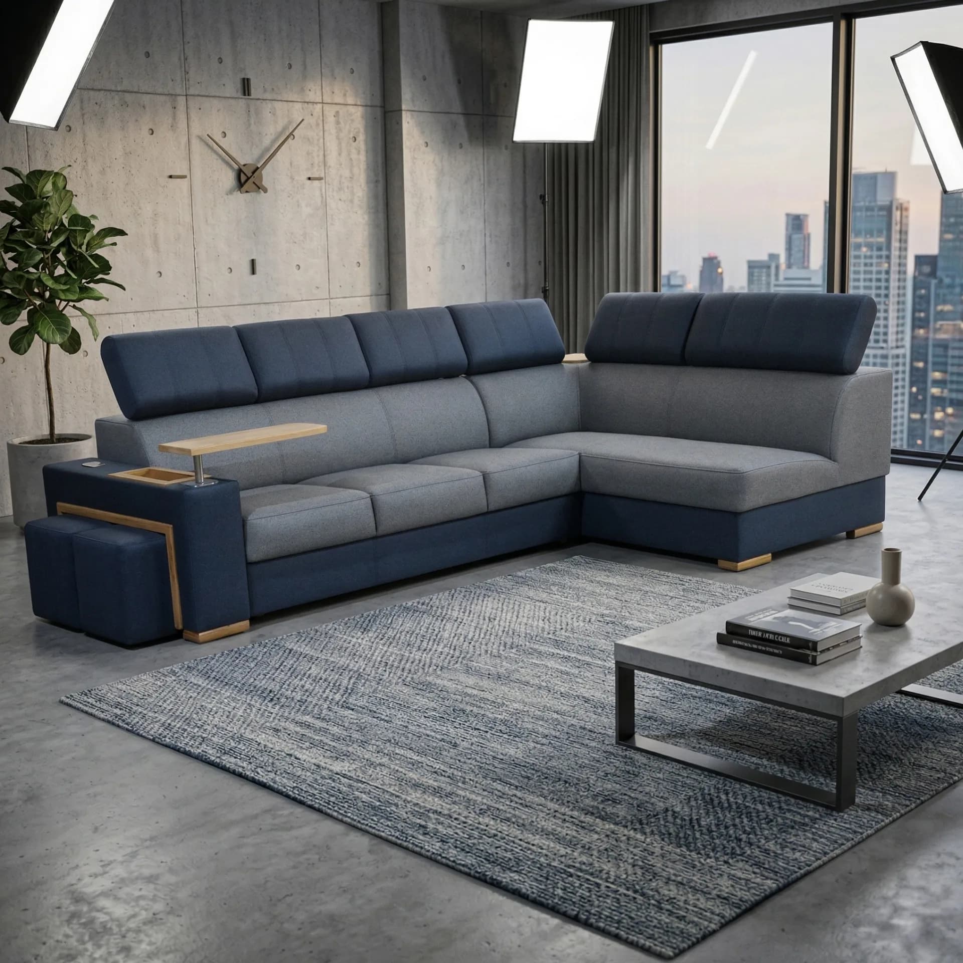 Corner sofa with a high backrest